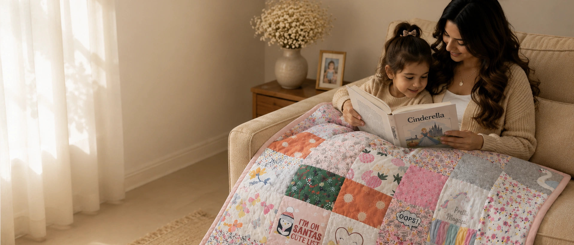 Woman and child reading a book on a bed with a colorful quilt